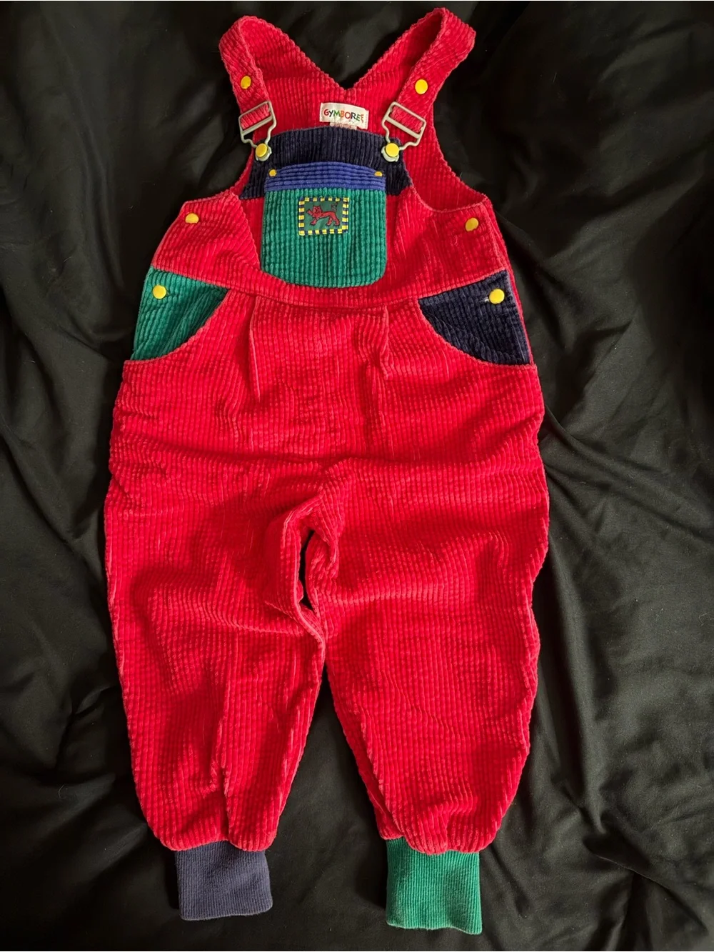 Gymboree Red Corduroy Overalls with Green & Navy Patches